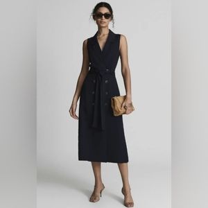 REISS Mariah Linen Belted Button Midi Women's Shirt Dress in Navy Blue US size 4